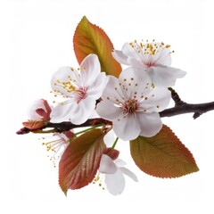 Wall Mural - Plum tree branch with multiple white flowers and red leaves, isolated on a pure white background, creating a delicate and vibrant image