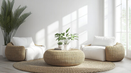 Wall Mural - Minimalist living room with wicker furniture and green plants