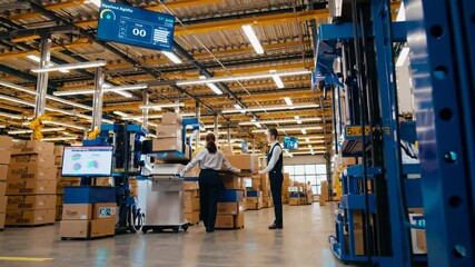 Poster - Modern warehouse automation with robotic assistance for efficient package handling and sorting