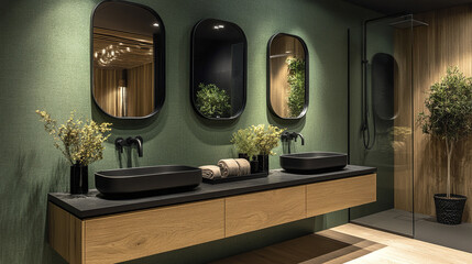 Wall Mural - Modern ensuite bathroom with green walls and floating wood vanity