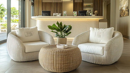 Wall Mural - Modern interior with white armchairs and textured cushions