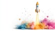 © Pojjanee - Colorful Rocket Launching into a Cloud of Bright Smoke Leaving a Trail of Vibrant Colors on White Background