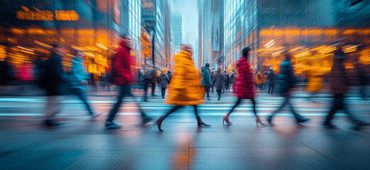 Tourists walking on a busy shopping street at dusk with motion blur effect. Commercial photography - live vibrant urban scene with walking people and modern architecture