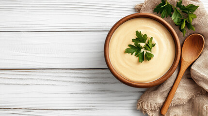 Canvas Print - Creamy vanilla soup in wooden bowl garnished with fresh parsley