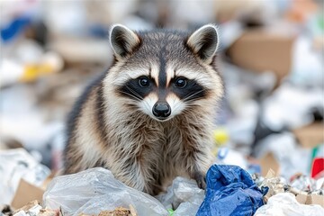 Wall Mural - A curious raccoon stares intently at the camera, amidst a pile of discarded plastic and trash.  The image highlights the impact of human waste on wildlife.