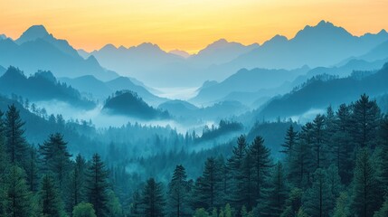  Serene mountain landscape at sunrise with mist and lush forests.