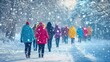 © Botboy - A group of friends bundled in colorful winter coats, joyfully walking through a snowy park as flakes fall around them.