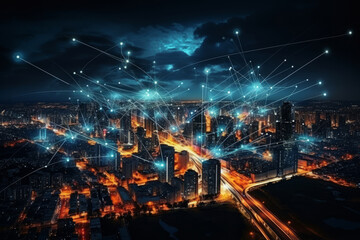 Wall Mural - Amazing digital illustration of a city a night with technology connection lines, communication