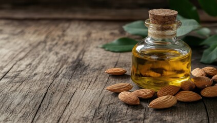 Wall Mural - Almond oil in a glass bottle with fresh almond nuts on a wooden table. The concept of skin and hair care products from nature.