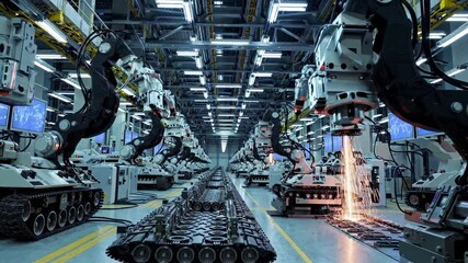 Leinwandbilder - Robotic arms operate within a high-tech manufacturing facility to create advanced machinery components