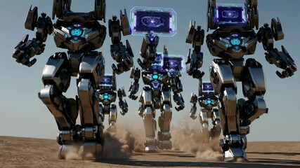 Poster - Advanced robots march through a dusty landscape showcasing futuristic technology and design