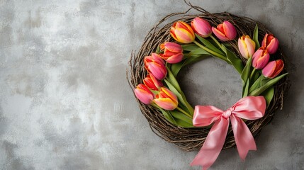 Sticker - A delicate wreath of willow branches with vibrant tulips and a pink bow, styled flat on a soft, neutral backdrop with space for text.