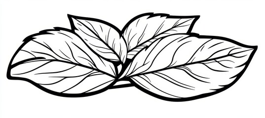 Wall Mural - black and white leaf in out line style minimal, on white background with veins details.