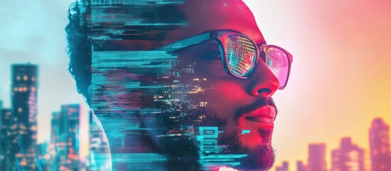 Futuristic man with data overlay, cityscape background.