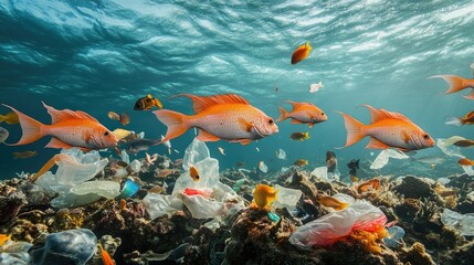 Poster - A school of fish swimming through coral reefs while plastic debris drifts in the water, highlighting environmental concerns