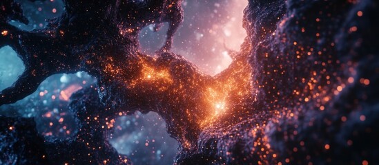 abstract cosmic nebula with vibrant orange and blue hues, glowing particles, and textured surfaces.