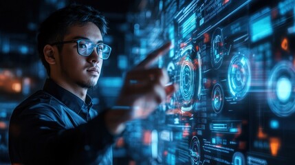 Focused young man interacts with futuristic holographic interface.