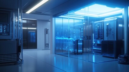  Futuristic sterile lab interior with advanced technology and glowing blue lights.