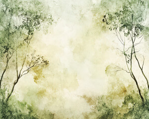 Wall Mural - A painting of a forest with trees and a sky