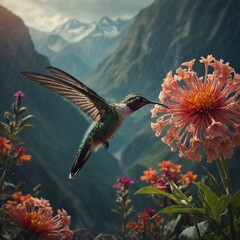 Wall Mural - A surreal scene of a giant hummingbird, gently sipping from a massive magical flower in a dreamlike landscape.