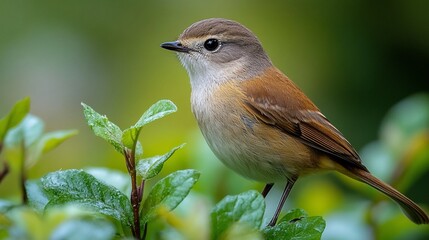 A tiny brown bird sat quietly among the vibrant green leaves, its feathers harmonizing beautifully with the surrounding forest.