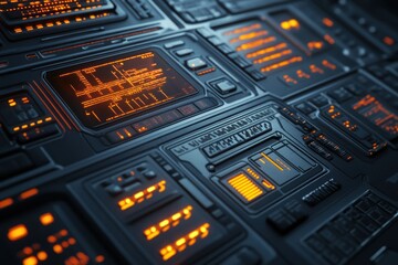Futuristic technology interface with glowing orange displays and controls.