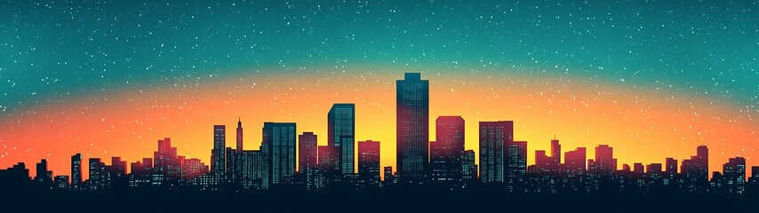 Wall Mural - A vibrant city skyline at sunset, featuring tall buildings against a colorful gradient sky filled with stars.