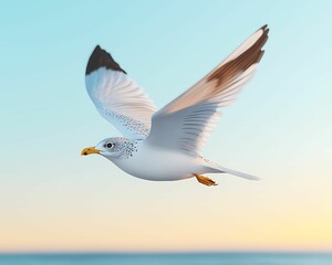 Wall Mural - a seagull gracefully soars against a serene sky, showcasing its white feathers and distinct markings