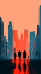 Wall Mural - A striking silhouette of three figures walking towards a vibrant, sunset-lit city skyline, showcasing urban life and dramatic color contrasts.