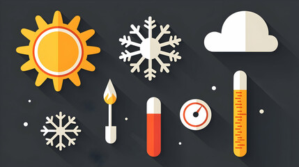 Wall Mural - Flat design weather icons sun, snow, cloud, flame, thermometer, temperature gauge on dark background for website or app design.