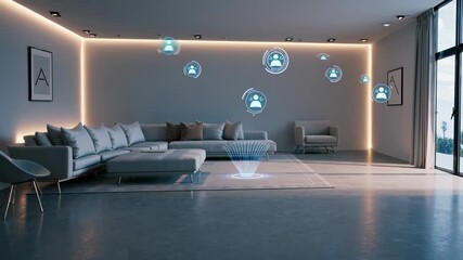 Poster - Modern living room design with holographic elements and sleek furniture in a bright space