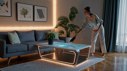 Poster - Modern living room features interactive coffee table and sleek design elements with ambient lighting
