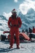© master1305 - Formula One driver in red racing suit and helmet standing confidently on a snowy racetrack, with a race car and mountains in the background.