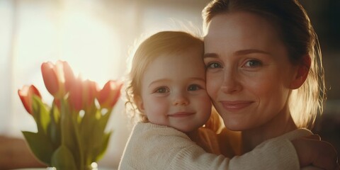 Wall Mural - A warm and loving scene of a mother hugging her child in a cozy living room filled with sunlight