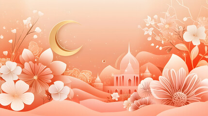 Wall Mural - Peach Blossom Ramadan Mosque Crescent Moon Festive Background Design.