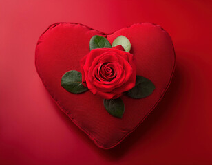 Wall Mural - A vibrant red rose with green leaves sits atop a heart-shaped red cushion against a deep red background.