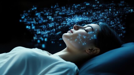 woman dreaming digital data stream - ai & technology