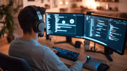 professional developer wearing headphones and typing rapidly, surrounded by inspiring tech gadgets a