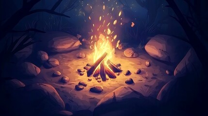 Wall Mural - A fire is burning in a pit surrounded by rocks