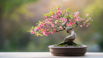 Wall Mural - A beautiful bonsai tree with pink flowers, symbolizing nature's delicate artistry.