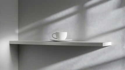 Wall Mural - Minimalist white cup on shelf, sunlit wall, product display.