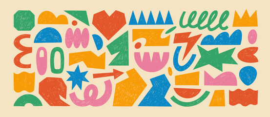 Poster - Crayon drawn geometric shapes and figures collection. Hand drawn vector naive forms, primitive and basic shapes with pencil texture. Funky trendy retro forms, cartoon kid stickers, doodle elements.