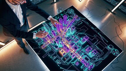 Leinwandbilder - Innovative urban planning displayed on a digital touchscreen map with interactive features