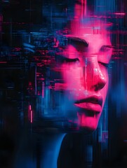 Wall Mural - A dark background with vibrant neon pink and blue glitch effects. 