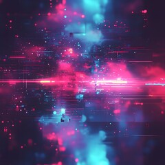 Wall Mural - A dark background with vibrant neon pink and blue glitch effects. 
