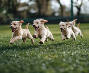 Wall Mural - golden retriever puppies running in grassy field