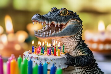 A whimsical alligator celebrates with a cake adorned with colorful candles, creating a fun and playful birthday atmosphere.