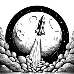 Wall Mural - space rocket blasting off into a starry sky, surrounded by clouds and celestial bodies sketch engrav