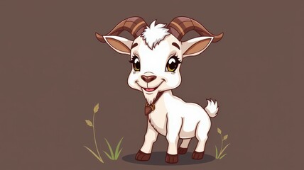 Wall Mural - Cute animated goat character standing in a grassy area with a cheerful expression and prominent horns