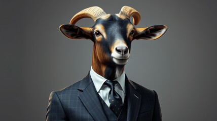 Wall Mural - Goat dressed in a suit standing confidently against a dark background in a creative art display